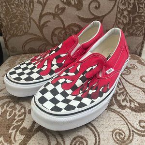 Vans Classic Slip-On Checker Dripping Flame Racing Red True White Men Sz 11
